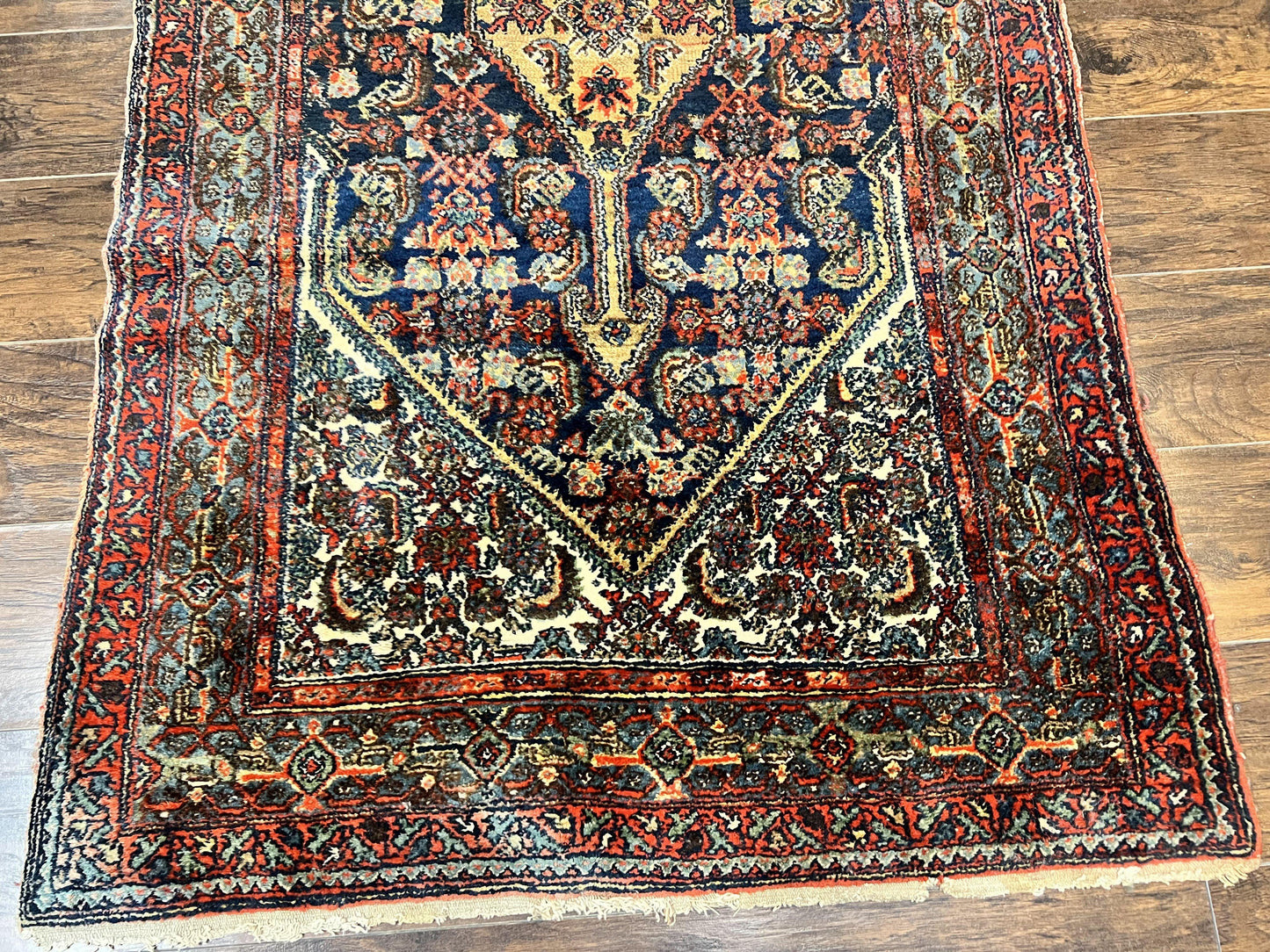 Antique Persian Runner Rug 3.7 x 15.8, Navy Blue Multicolor, Hand Knotted Handmade Wool Rug for Hallway, Geometric Medallions, Persian Hamadan Rug