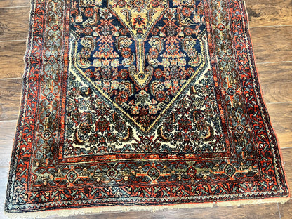 Antique Persian Runner Rug 3.7 x 15.8, Navy Blue Multicolor, Hand Knotted Handmade Wool Rug for Hallway, Geometric Medallions, Persian Hamadan Rug