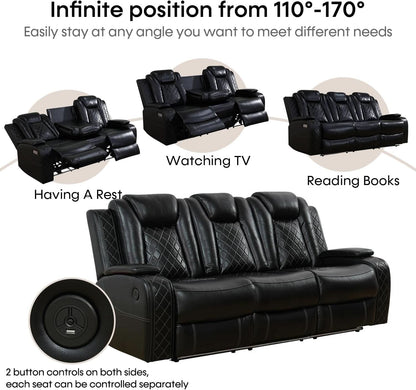 Black Leather Power Recliner Sofa Set With USB Ports