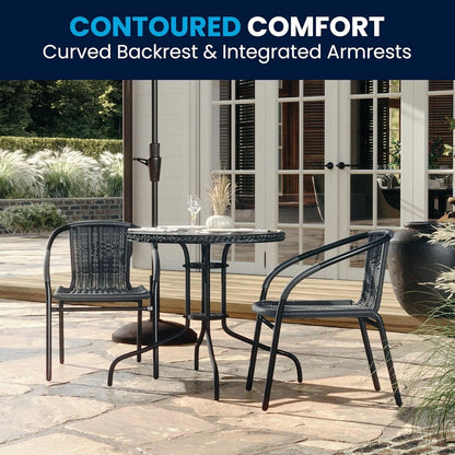 3-Piece Patio Dining Set With Round Glass Table And Stackable Rattan Chairs Gray