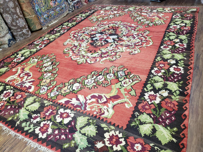 Karabakh Rug 8x11, Caucasian Kilim Rug, Vintage Antique Turkish Anatolian Azerbaijani Carpet, Wool Red & Black Hand-Woven 8 x 11 Living Room