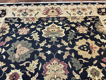 Indo Persian Rug 10x14, Wool Handmade Room Sized Floral Oriental Carpet, Indian Mahal Flatweave Rug, Black Beige