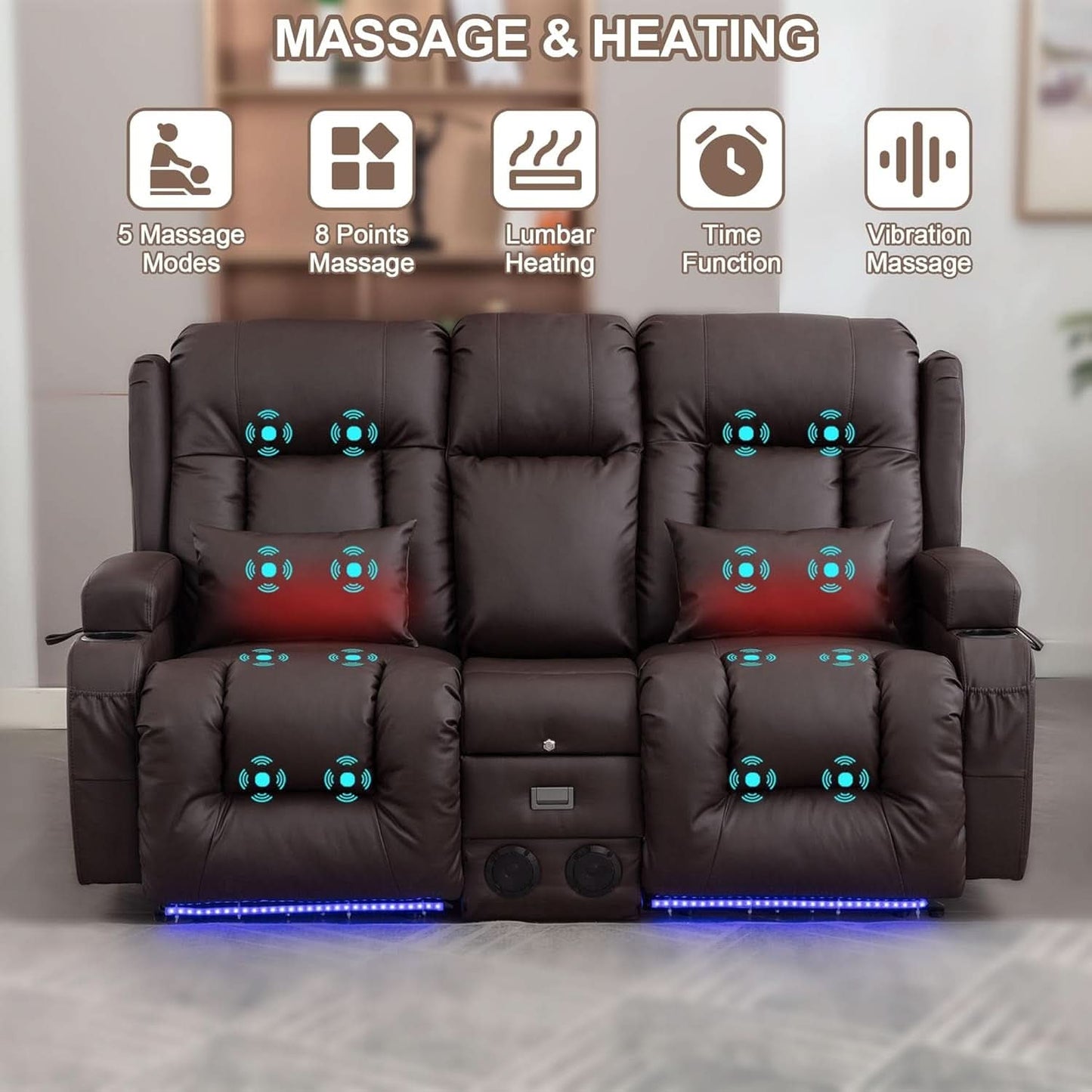 Power Loveseat Recliner Sofa With Massage And Heat Brown