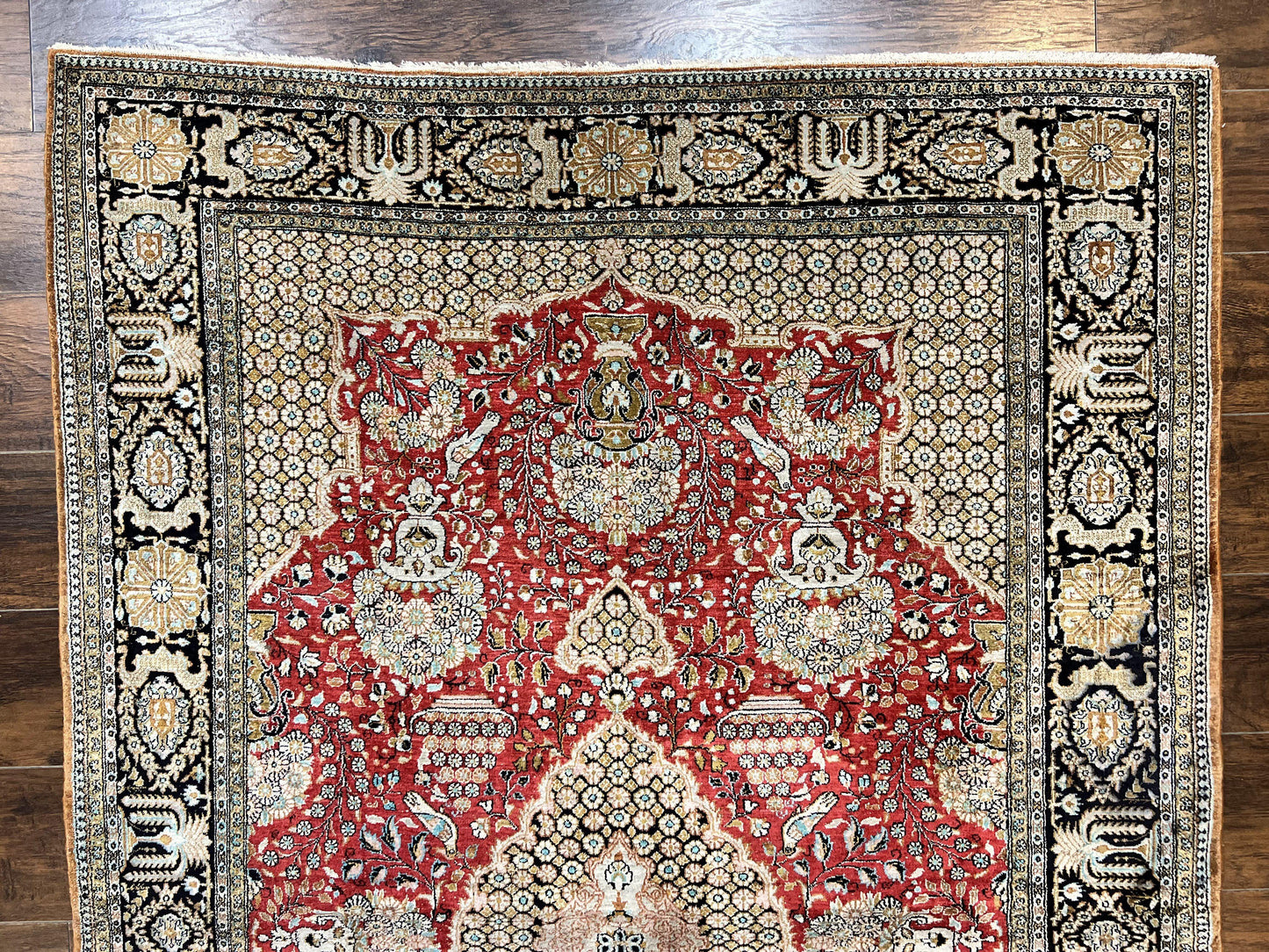 Wonderful Persian Silk Rug 5x7, Birds Floral Vases, Red, Hand Knotted Silk Fine Oriental Carpet, Handmade Vintage, Persian Qum Rug, 400 KPSI