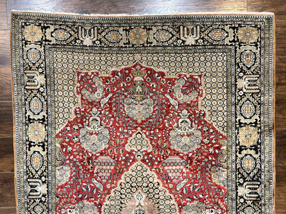 Wonderful Persian Silk Rug 5x7, Birds Floral Vases, Red, Hand Knotted Silk Fine Oriental Carpet, Handmade Vintage, Persian Qum Rug, 400 KPSI