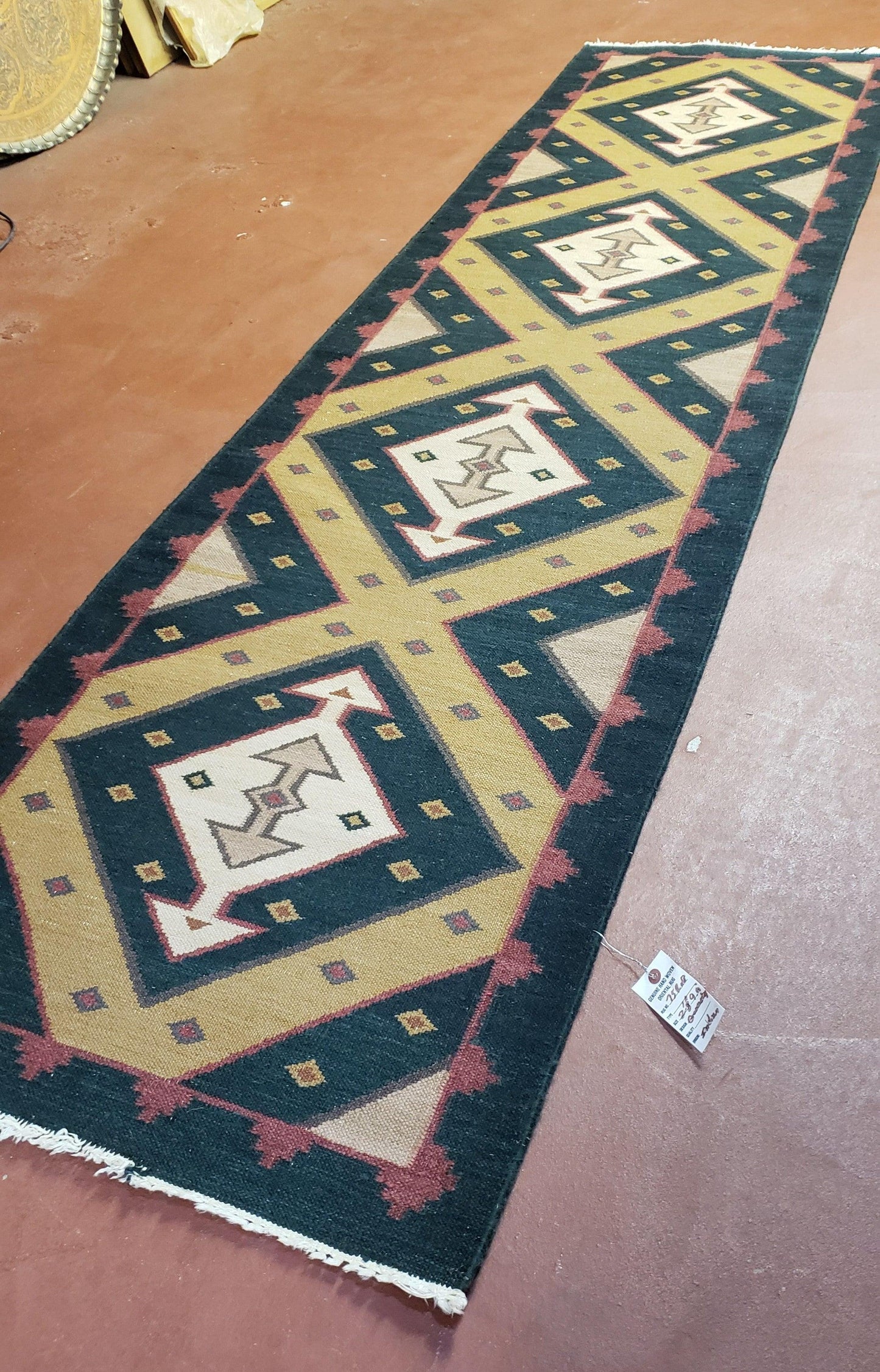 Vintage Indian Kilim Runner Rug, Geometric Flatweave Hand-Knotted Wool Kitchen Hallway Runner, Black Gold & Beige, 2' 8" x 9' 9"