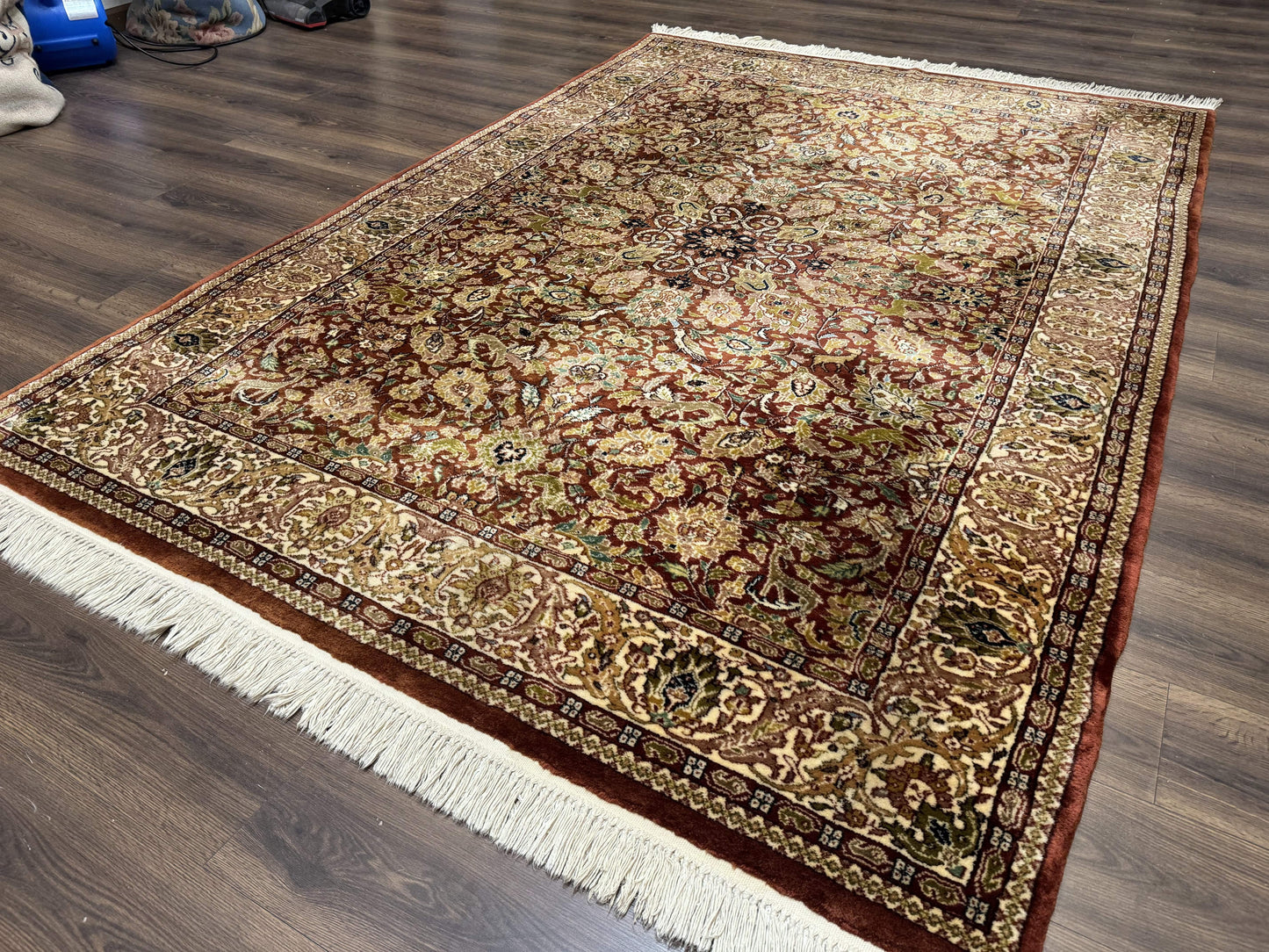 Tree of Life Indian Kashmiri Rug 6x9, Rust Red and Cream, Animal Pictorials, Fine 290 KPSI