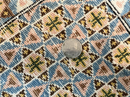 Rare Persian Rug 8x12, Qum Rug, Repeated Star Motifs, Blue and Ivory, Fine 300 KPSI, Hand Knotted Handmade Vintage Wool Rug