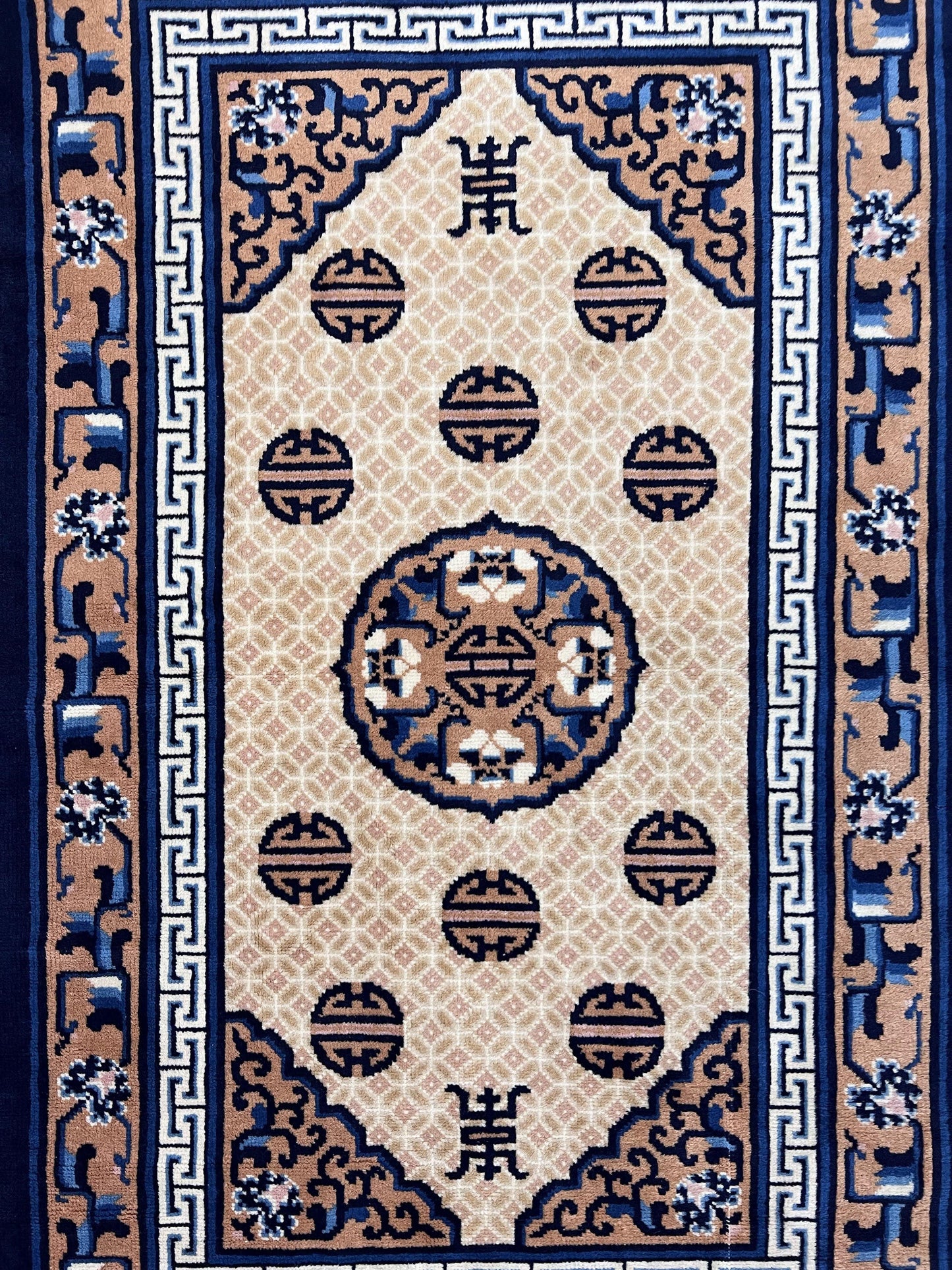 Chinese Peking Rug 3x5, Antique Chinese Art Deco Carpet, Blue Ivory Tan, Hand Knotted Wool Asian Oriental Rug 3 x 5 Vintage Small Peking Rug