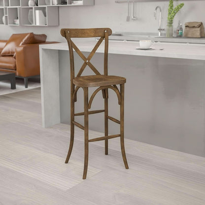 Dark Antique Wood Cross Back Barstools Set of Two
