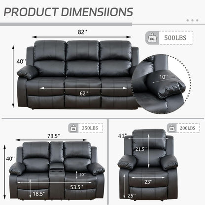 Manual Recliner Sofa Set Black With Cup Holder Storage Console
