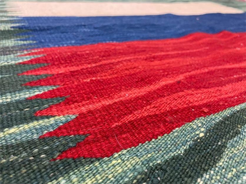 Sea Green Kilim Area Rug, White Blue Red Stripes, Russian Flag Rug, Flatweave Hand Knotted Carpet, Turkish Carpet, Wool, New, 5' 6" x 7' 10"
