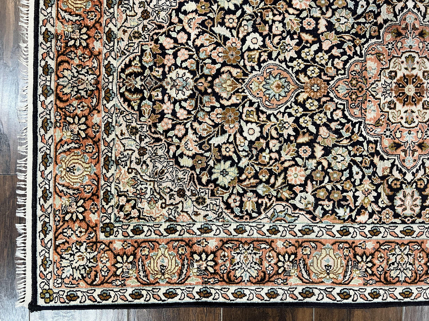Silk Indian Kashmiri Rug 3x5, Indo Persian Silk on Silk Carpet, Very Fine 350 KPSI, Navy Blue, Handmade, Floral Medallion