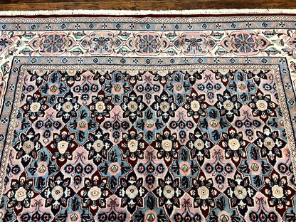 Indo Persian Rug 8x10, Repeated Allover Pattern, Navy Blue Ivory, Handmade Vintage Wool Carpet