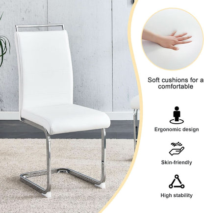White PU Leather Dining Chair Set High Back Upholstered