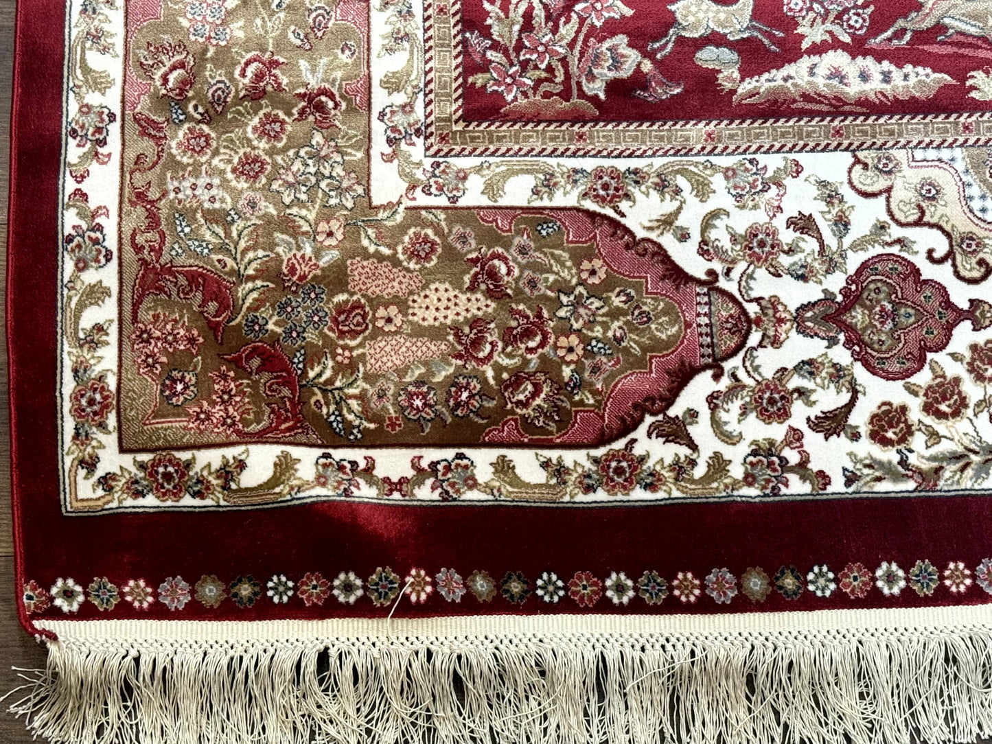 Turkish Silk Hunting Scene Rug 5 x 7.6, Red & Ivory, Bamboo Silk, New