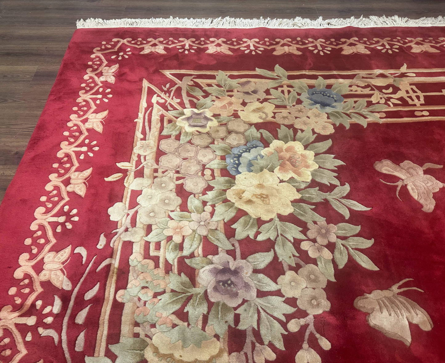 Palace Size Chinese Wool Rug 12x18, Red Art Deco Chinese Carving Carpet, Butterflies Flowers