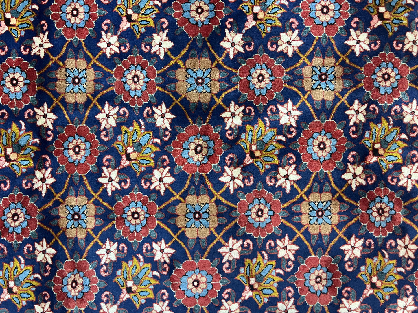 Persian Veramin Rug 7x11, Repeated Allover Pattern, Handmade Vintage Carpet, Navy Blue