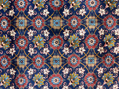 Persian Veramin Rug 7x11, Repeated Allover Pattern, Handmade Vintage Carpet, Navy Blue