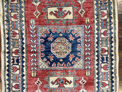 Turkish Kazak Rug 3x4, Wool Hand Knotted Small Vintage Carpet, Red Navy Blue, 3 x 4 Oriental Rug, Geometric Design