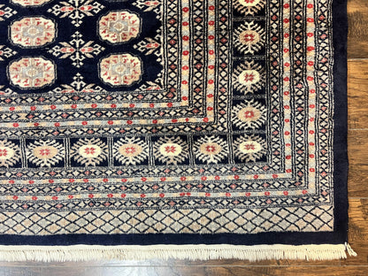Pakistani Bokhara Rug 8x10, Turkoman Carpet, Dark Blue and Beige, Vintage Handmade Wool Carpet