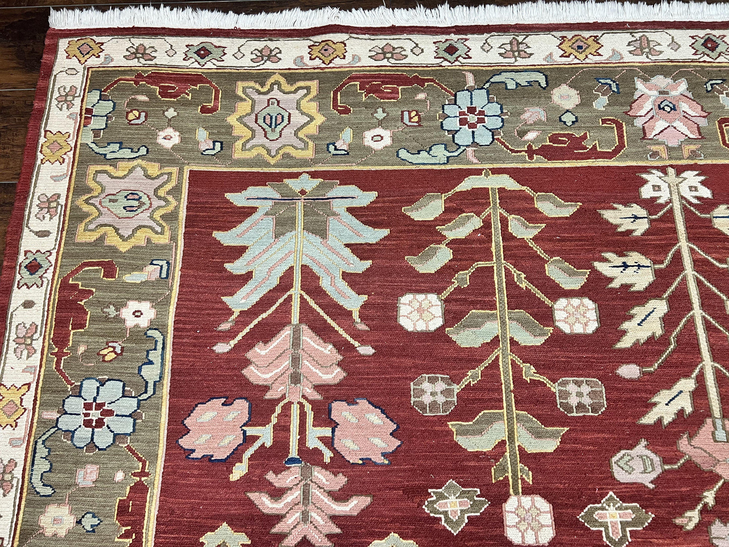 Indian Rug 10x14, Wool Hand Knotted Flatweave Carpet, Tree of Life, Red and Green