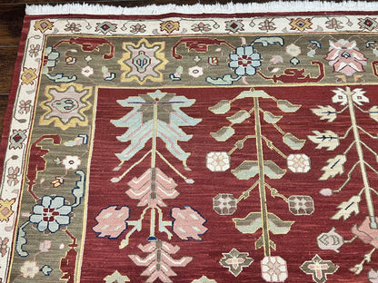 Indian Rug 10x14, Wool Hand Knotted Flatweave Carpet, Tree of Life, Red and Green