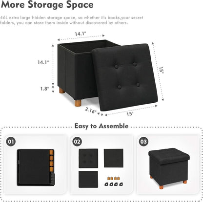 Black Linen Premium Storage Cube Ottoman Tray 15Inch