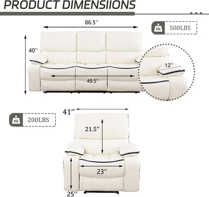 Cream White Bonded Leather Recliner Sofa Set With Manual Recliner