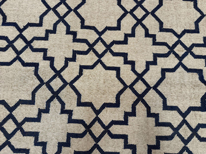 Indian Kilim Rug 8x10, Oat and Navy Blue, Dhurrie Carpet, Handmade, Wool