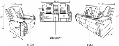 Electric Power Recliner Sofa Black With USB Charging Ports