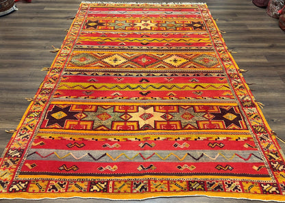 Unique Moroccan Rug 7x10, Room Sized Carpet, Red Orange Gray, Wool Oriental Striped Geometric Tribal Boho Rug, Flatweave with Raised Pile