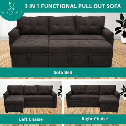 Espresso Velvet Sleeper Sectional Sofa Bed Chaise Set