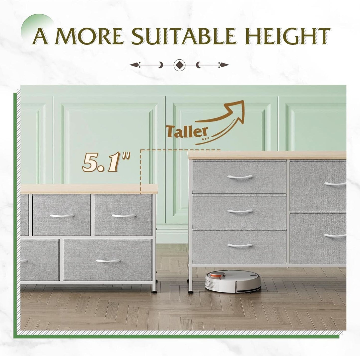Light Grey Fabric Dresser With 5 Drawers And Drawer Organizers