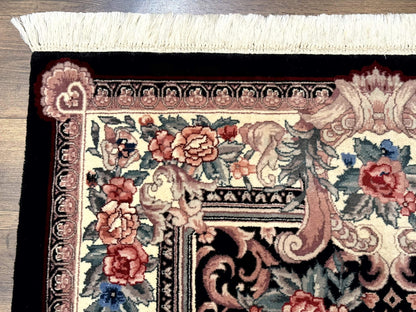 Aubusson Rug 4x6, Elegant European Floral Design, Black and Ivory, Fine 200 KPSI