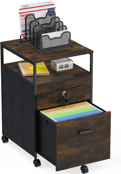 Rolling Mobile File Cabinet Drawers Open Shelf Rustic Brown