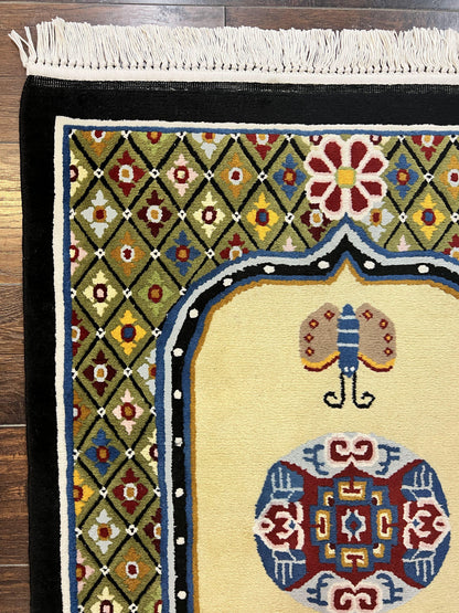 Chinese Rug 3x6 ft, Chinese Wool Rug, Tiensin Rug, Handmade Wool 3 x 6 Vintage Peking Rug, Art Deco Rug, Butterflies