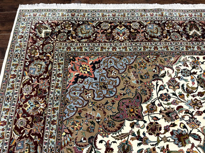 Persian Tabriz Rug 8x11, Floral Medallion Traditional Area Rug, Fine 300 KPSI, Ivory Maroon