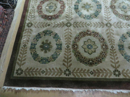 9' X 12' Modern Handmade Indo Lahore Wool Rug Art Deco Olive Ivory Nice Wow
