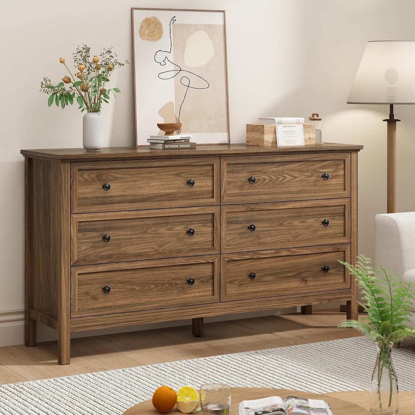 55 Inch Walnut Dresser With Six Drawers For Bedroom