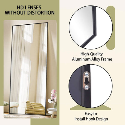 Full Length Standing Mirror 56x21 Black Aluminum Frame Tempered Glass