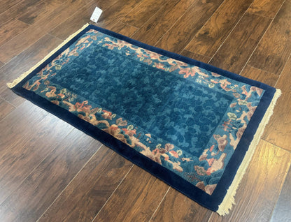 Blue Chinese Wool Rug 2.5 x 4, Peking Rug, Fete Rug, Semi Antique Chinese Carpet