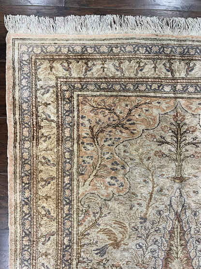 Turkish Kayseri Silk Rug 4x6, Tree of Life Pattern, Vintage Handmade Hand Knotted Carpet, Animal Pictorials, Birds
