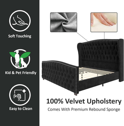 Queen Size Platform Bed Frame With Nailhead Trim Deluxe