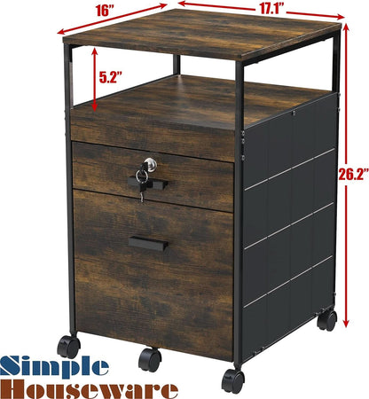 Rolling Mobile File Cabinet Drawers Open Shelf Rustic Brown