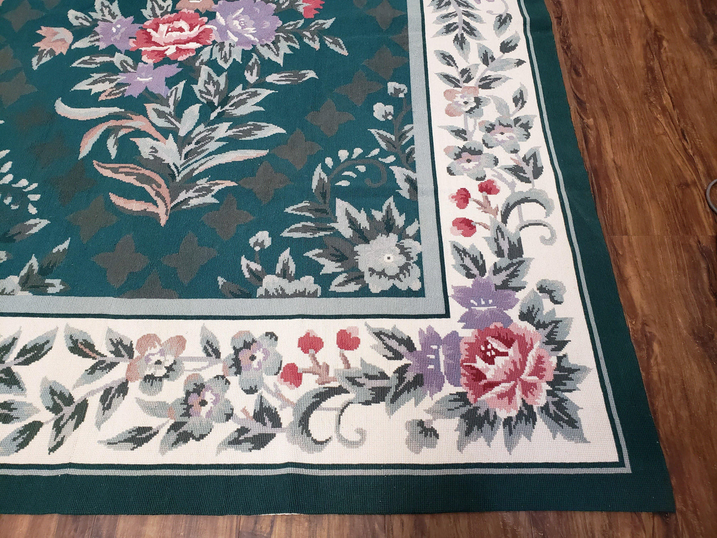 Chinese Needlepoint Rug 8x10, Vintage Green Area Rug, Hand-Woven Flatweave Floral European Design Carpet Wool Handmade 8x 10 Living Room Rug