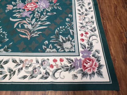 Chinese Needlepoint Rug 8x10, Vintage Green Area Rug, Hand-Woven Flatweave Floral European Design Carpet Wool Handmade 8x 10 Living Room Rug