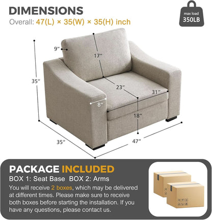 47 Inch Linen Fabric Armchair Pair Oversized Oatmeal