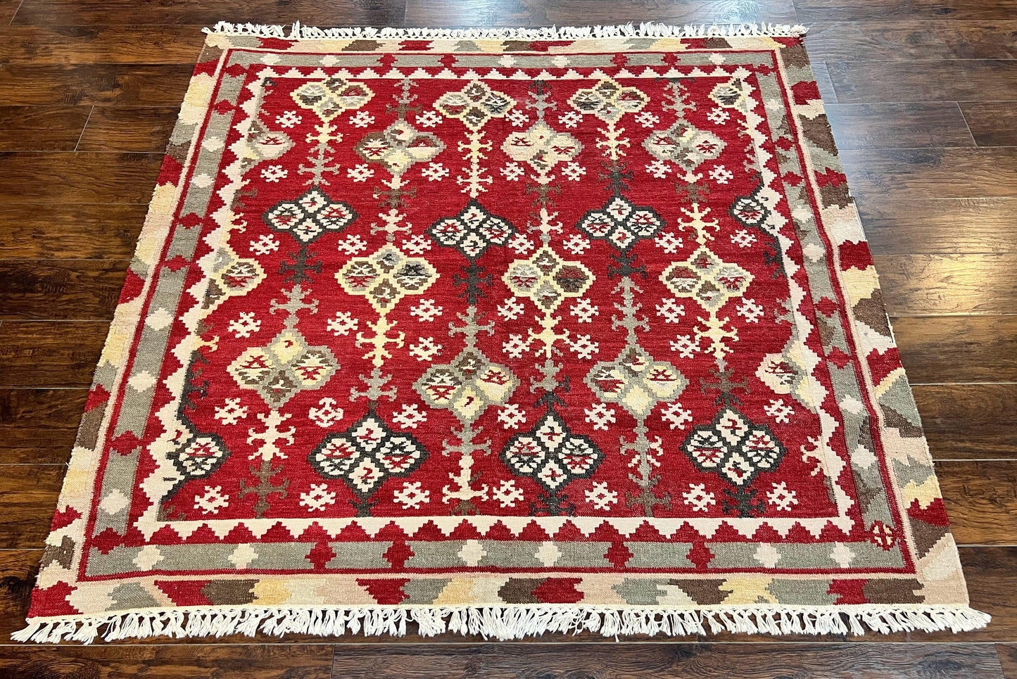 Indian Kilim Rug 6x6, Square Kilim Flatweave Carpet, Vintage Handmade Wool Rug, Red