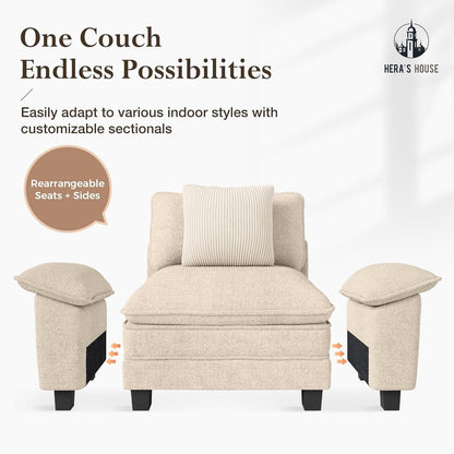 124 Inch Chenille Beige Modular Sectional Sofa With Throw Pillows